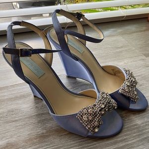 Betsey Johnson blue satin & rhinestone wedges 9.5